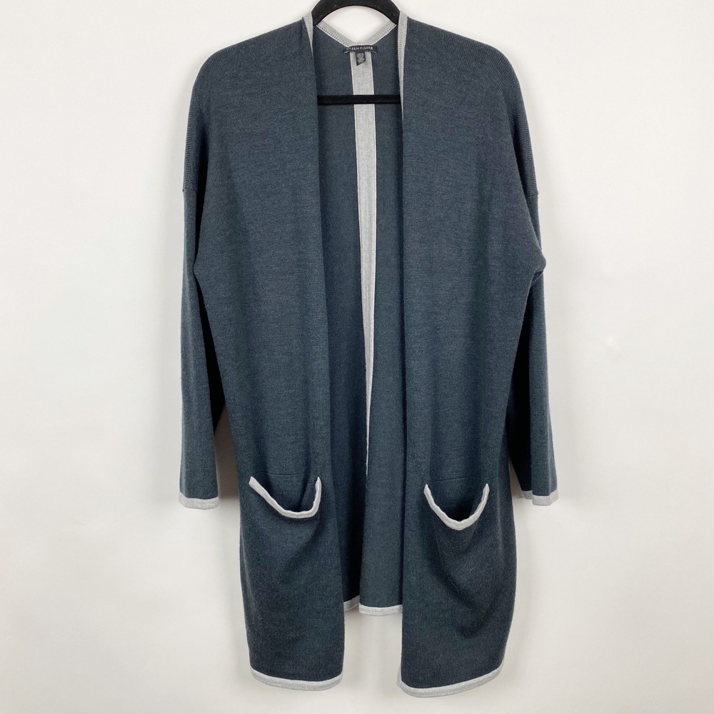 Eileen Fisher Merino Wool Open Front Longline Cardigan Women L Duster Pockets